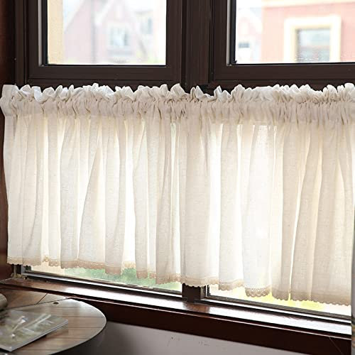 Kurzstore Gardine, Halbtransparent Unifarbige Scheibengardine Durchstangenzug Landhausstil Kleinfenster Gardine Leinenoptik Bistrogardinen für Wohnzimmer Badezimmer, 1 Stück-1-270x70cm(106x28in)