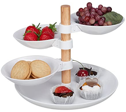 Relaxdays Soporte Tartas, 4 Pisos, Plástico y Madera, Bandejas Pasteles o Quesos, Platos Giratorios, Blanco y Natural, 19 x 26 x 24 cm