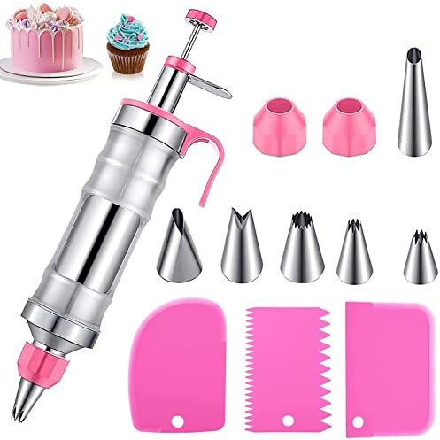 Icing Syringe Set Cake Decorating Kit, Stainless Steel Piping Syringe for Dessert, Cupcake, Icing Piping Sets for Cake, DIY Baking Tools with Piping Tips,Cream Scraper, 6Pcs Syringe Nozzles, Pink