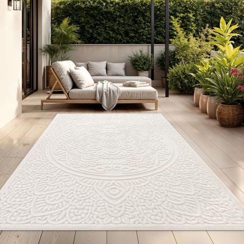 TT Home Outdoor Teppich 200x290 cm Creme, Wetterfest & Robust modernes Boho Skandi Design mit 3D-Optik, für Terrasse & Wohnzimmer