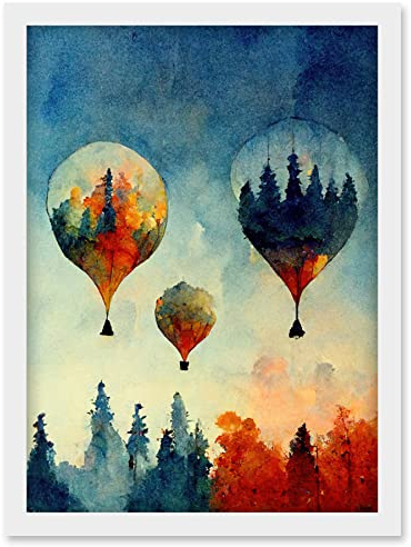Doppelganger33 LTD Forest Reflections On Hot Air Balloons Watercolour Artwork Framed Wall Art Print A4