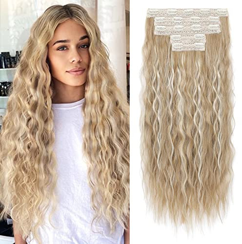 Clip in Hair Extensions, REECHO 5PCS Brown Hair Extensions 24 Thick Long Loose Waves hair extensions HE002 Invisible Lace Weft Natural Soft Hairpieces for Women – Medium Blonde with Highlights