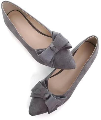 SAILING LU Womens Pointed Toe Ballet Flats Cute Bow-Knot Comfortable Loafers Business Slip On Dressy Walking Shoes, J163-grey, 5 UK
