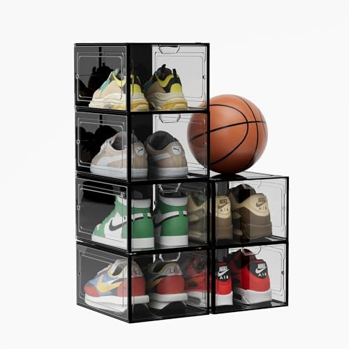 Schuhboxen Stapelbar Transparent, 6er Set Hartplastik Schuhbox mit Deckel-Schuhaufbewahrung für Stöckelschuhe,Pumps, Schuhaufbewahrung für Schuhe bis Größe 46,Schuhorganizer Größe(34x19x27cm)