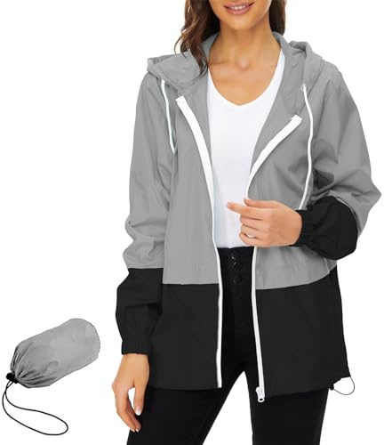 PONCEAU Ladies Lightweight Waterproof Jacket Windbreaker Thin Hooded Trenchcoats Bike Rain Jackets Windcheater Packable Travel Active Outdoor Lightweight