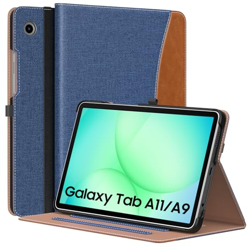 MoKo Case for Samsung Galaxy Tab A11/A9 8.7 Inch, Denim Blue & Brown | for Samsung Tablet Case (2025/2023), PU Leather, Built-in Hand Strap & Front Pocket, Auto Wake/Sleep, Multi-Angle Stand Cover