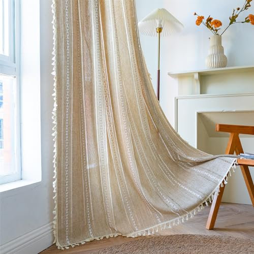 Freyamy Vintage Gardinen Halbtransparent Landhausstil Gelb Vorhänge mit Kräuselband,Outdoor Gardinen Baumwolle Leinen mit Quasten Stabtaschen-Design Schlafzimmer Vorhang 2x260x150cm (HxB)