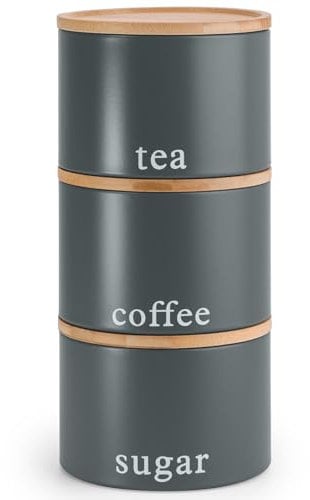 EHC Tea, Coffee, Sugar, Canister Set, Set of 3 Stackable Airtight Food Storage Easy to Open Storage Cansiters Jars Tin, Grey