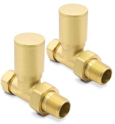 Brushed Brass Straight Modern Standard Rounded Radiator Towel Rail Valves Central Heating (Pair) 1/2 BSP
