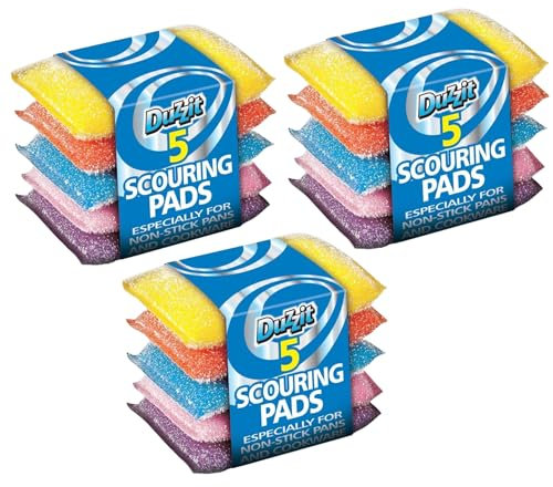 Paquete de 3 estropajos multicolor Duzzit de Great British Home – 15 estropajos coloridos para sartenes antiadherentes y utensilios de cocina, suaves pero eficaces
