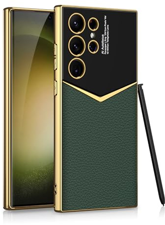 Clatoxi Coque en Cuir pour Samsung Galaxy S24 Ultra avec Cadre Galvanisé, Vintage de Luxe en PU Antidérapant Résistant Aux Chocs Coque de Protection pour Samsung Galaxy S24 Ultra 5G (Vert)