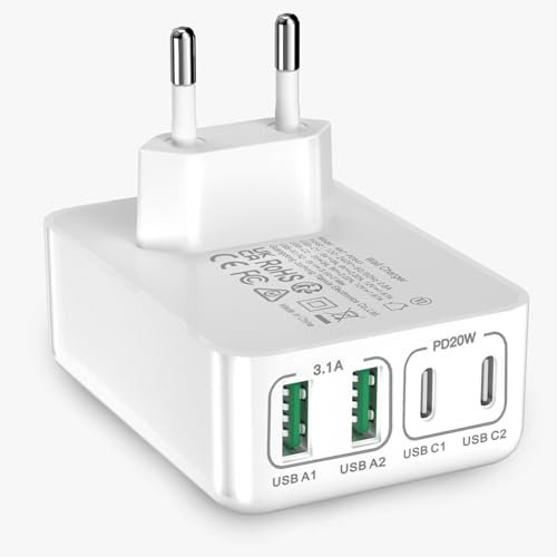 Chargeur USB C, Puissance Totale Sortie 40W 4 Ports, Chargeur Plat PD 3.0 Multiples, Adaptateur d'alimentation à Économie D'espace Compatible avec iPhone 16/15/14, Samsung S25/S24/S23, Google Pixel