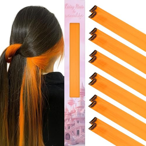 WENNALIFE 12 Stück Orange Haarsträhnen Zum Einklipsen Haarsträhnen Kinder, Clip in Haar Extensions Bunte Haarsträhnen Kinder Haare zum Einflechten Mädchen Gerade Party Haarverlängerungen Zubehör