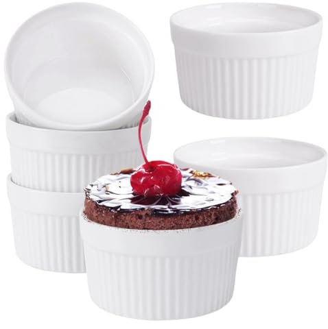 MEETOZ Lot de 6 mini ramequins en porcelaine blanche de 100 ml, petits plats à soufflé pour crème brûlée, crème glacée, trempette et sauces, blanc