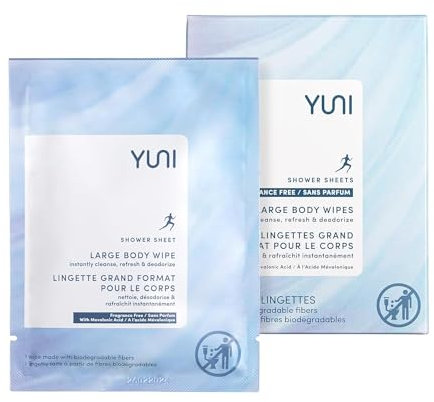 YUNI Beauty Large Body Wipes (Unscented, 12 Count) - Super Soft Showerless Cleansing and Deodorizing Individual Wipes - On-the-Go Waterless Body Cleanser for Travel
