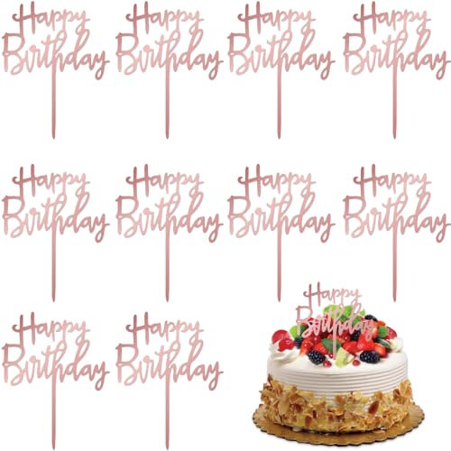 BAVALIN 10 Stück Happy Birthday Tortendeko - Happy Birthday Cake Topper Kuchendekoration, Acryl Tortendeko Geburtstag, Cupcake Topper Geburtstag für Babyparty Jubiläen Party Dekoration, Rosa