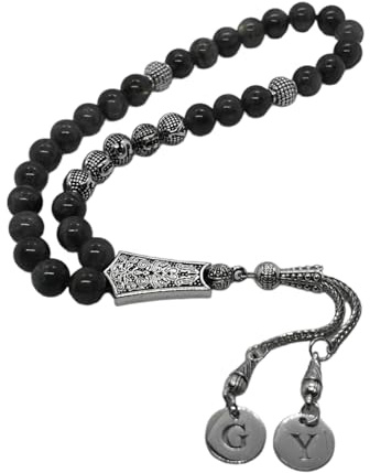Onyx-Perlen-Tasbih mit personalisiertem Namen und ausgewählten Natursteinen in matt glänzendem Design