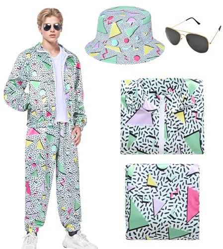 HarnyLoom 80er Jahre Outfit Herren 90er Trainingsanzug Retro Kostüm Jacke Hip Hop Disco Gläser Hut Zubehör Windbreaker Karneval Halloween Party Cosplay