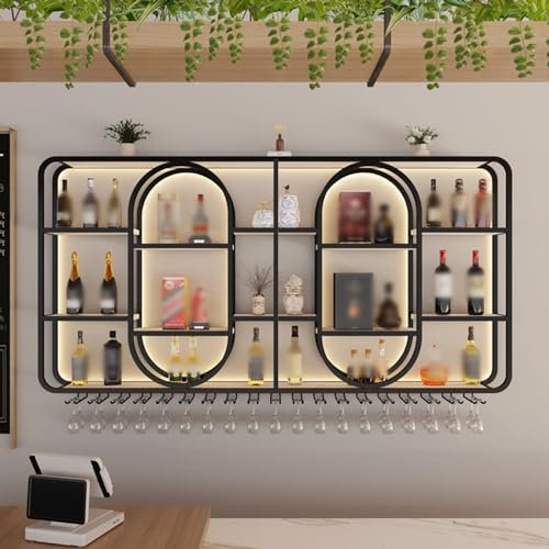 Portabottiglie da Parete,Porta Bicchiere da Vino Creativo da Parete in Ferro Battuto,Porta Calici per Bicchieri da Vino,Portabottiglie di Grande Capacità,Bottiglie Acqua Arredamento Casa(Color:Black,S