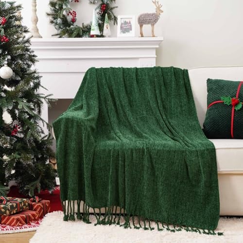 BATTILO HOME Dark Green Chenille Throw Blanket for Sofa, Soft Christmas Green Knit Throw with Fringe, Decorative Emerald Green Blanket for Bed Chair Living Room, 130×150cm