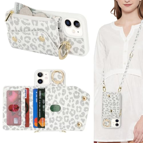 Lipvina Coque pour iPhone 12 Mini avec Cordon Porte Carte Coque iPhone 12 Mini zippé Portefeuille Femme Telephone Portable Réglable Collier Housse Étui avec Anneau pour Femmes - Léopard Blanc