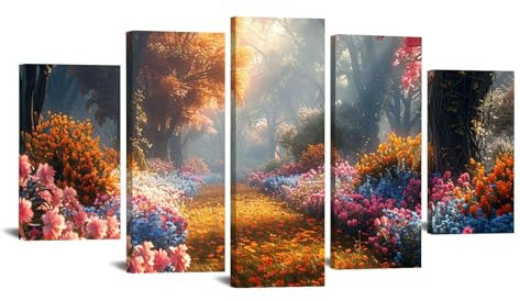 JOSUE 5 Pcs Tableau ForêT Paysage coloré Impression Sur Toile Intissee,Rose, gris Tableau Chambre Enfant Decoratifs Muraux Salon DéCor- 100x200cm Encadrée