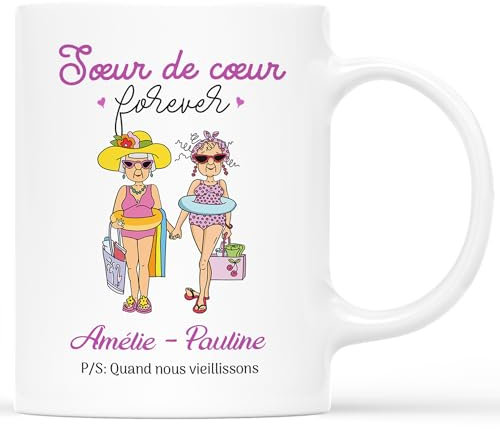 𝗖𝗔𝗗𝗘𝗔𝗨 𝗣𝗟𝗨𝗦 Mug Personnalisé Prénom - Sœur De Cœur Forever - Cadeau Meilleure Amie, Cadeau Soeur Anniversaire, Mug Soeur Personnalisé, Tasse Personnalisable Meilleure Amie, Tasse Soeur