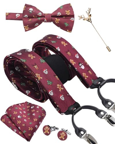 SzonMcnl Weihnachten Herren Hosenträger mit Fliege Set Hosenträger in Y-Form mit 6 extra starken Clips Weihnachtsgeschenke und Fliege Einstecktuch