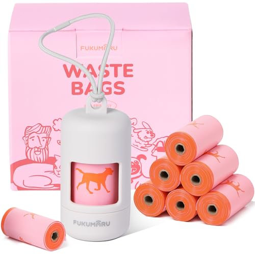FUKUMARU Dispenser Sacchetti per Escrementi per Cani, (120 Sacchettini+1 Dispenser) Porta Sacchetti per Guinzaglio per Cani, Resistenti, A Prova di Perdite, Biodegradabili, Profumo di Rosa.Grigio