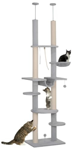 PawHut Árbol para Gatos de Suelo a Techo 225-255cm 7 Niveles Rascador Gris | Torre para Gatos, Hamacas, Plataformas, Juguete de Cuerda, Bola de Juguete