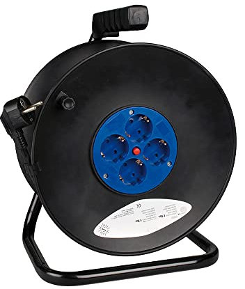 Kabeltrommel von 25 m, mit 3 x 1,5 mm Kabel und 4 bipolaren Steckdosen, ideal für den Innen- und Außenbereich. Perfekt, um Ihre Geräte verbunden und organisiert zu halten.