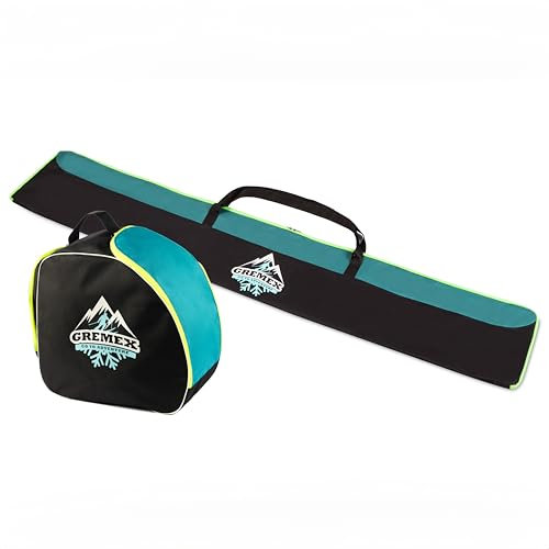GREMEX Skisack-Set - Starke Skitasche 160 cm - Skisack mit Skischuhtasche und Helm - Wasserfeste Tasche für 1 Paar Ski - Skischuhtasche mit Helmfach - Ski Zubehör - Türkis + Gelb