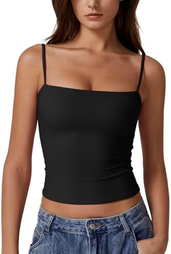 QINSEN Basic Cami Tank Top for Women Spaghetti Straps Sleeveless Double Lined Fashion T Shirt Tops Black S