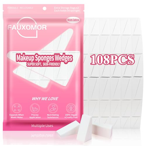 Fauxomor 108 Pcs Éponges Maquillage Sans Latex, Éponge Triangle Mini Beauty Blender Maquillage Visage pour Fond de Teint Liquide, Poudre, Crème, Ongles et Voyage - Convient à Tous les Types de Peau