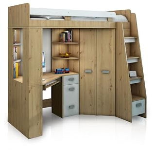High Sleeper Bed with Desk, Wardrobe and Shelves - Space Saving Loft Bed - Furniture Set for Kids (120x204x190 cm) - 80x200 cm Mattress - Right Side Steps - ANTRESOLA (Artisan Oak/White)