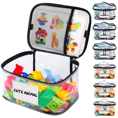 Wonninek Clear Toy Storage Bags 6Pcs PVC Board Game Storage with Name Tag Waterproof Toy Organizing Bags for Building Blocks Puzzles Books Makeup