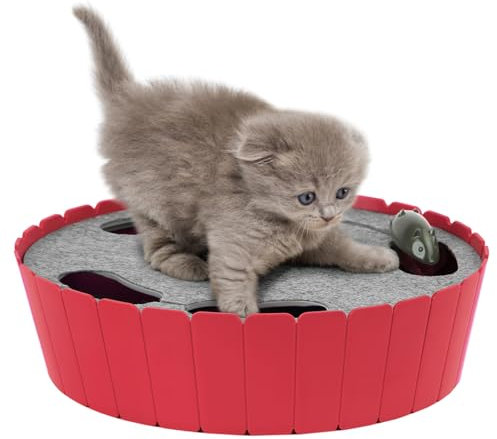 Pawaboo Interactive Cat Toy with Running Mouse, Electronic Motion Cats Toys Automatic Teaser for Indoor Cats, Pop and Play Hide Seek Cat Toy Hunting Mouse for Pet Kitten Play Fun Exercise, Red