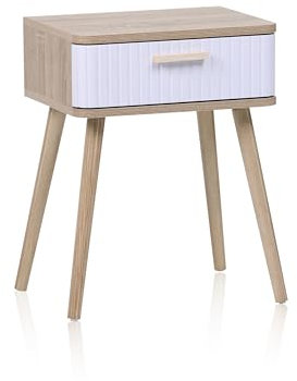 duehome | Mesita de Noche 1 cajón, Mesilla de Noche, Modelo Bulan, Acabado en Blanco y Roble, Medidas: 40 cm (Largo) x 30 cm (Fondo) x 52 cm (Alto)