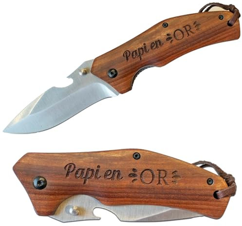 Ernestine - Couteau personnalisé Papi - cadeau papi - idée fête des grands-pères - outil nature en bois - papy papa - couteau de chasse et de pêche - manche gravure laser - lame acier inoxydable