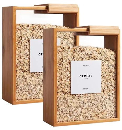 CUCUFA Rangement de conteneurs de céréales 2PCS, 9.1x6.8x3, 2 pouces Dispensateur riz en bambou avec couvercles amovibles, conteneurs stockage farine transparente pour kichen, conteneur riz