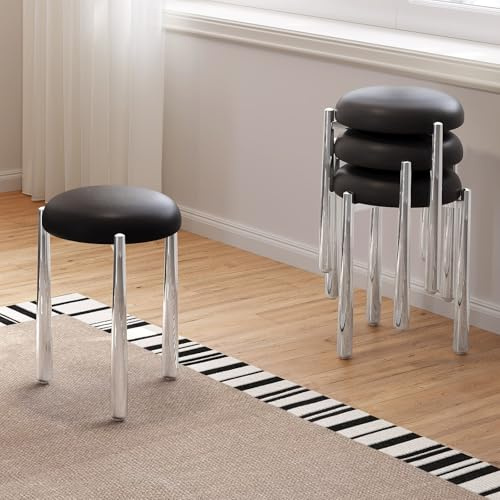 Guyii 4er Set Stapelhocker, Runde Hocker mit Metallbeinen, Stapelbare Sitzhocker für Küche, Modernes Design für Wohnzimmer und Esszimmer (Schwarz)