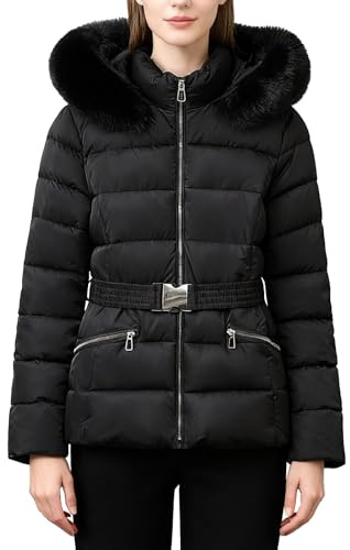 Duohropke Wintermantel Damen Puffermantel mit Gürtel Warmer Steppmantel mit Abnehmbarer Kunstfellkragen und Kapuze Winterjacke Daunenjacke Warme Jacke Steppjacke Übergangsjacke Kapuzenjacke