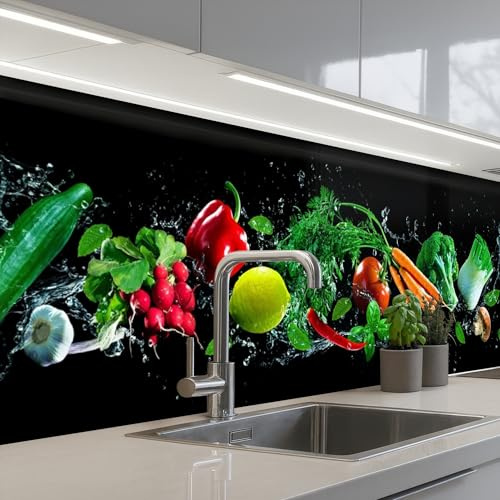 KitchenYeah© Küchenrückwand Selbstklebend Küchenspritzschutz Rückwand | 60x250 cm - Wandschutz Ohne Bohren Spritzschutz Wand Wandverkleidung Gemüse - Spritzer - Schwarz