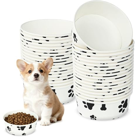 Lomgwumy Lot de 50 gamelles jetables en papier épais blanc avec joli motif, adaptées pour les aliments humides et secs, chiots, chatons
