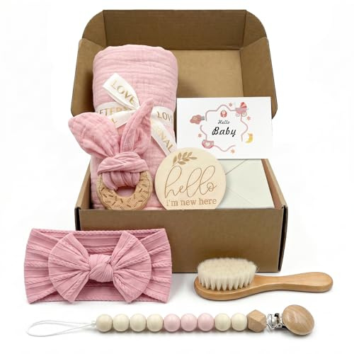 Babygeschenke zur Geburt Jungen Mädchen, 7 Stück Neugeborenen Geschenk mit Badetücher, Beißring Holz, Baby Stirnband, Meilensteinkarten und Schnullerhalter, Babyparty Sachen
