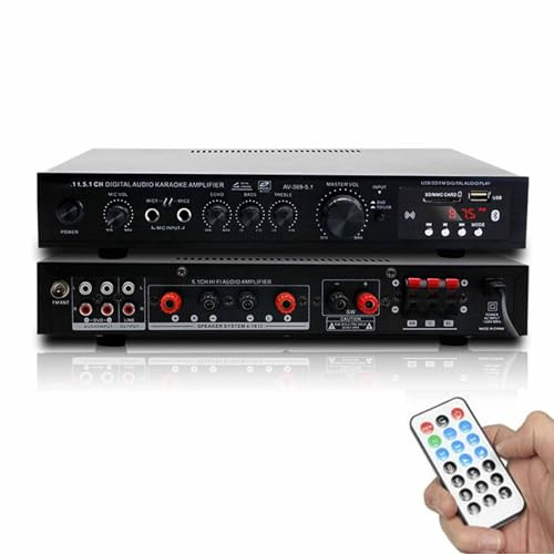 Surround Sound Amplifier 5.1 - Audio Center for TV, Karaoke & Home Theater with USB and FM/AM Radio, Subwoofer Bass