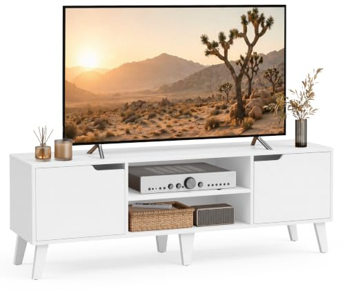VASAGLE Mobile TV per Televisore fino a 65 Pollici, Armadietto per TV con 2 Ante, Ripiani Regolabili, Lungo 147 cm, per Soggiorno, Camera da Letto, Bianco LTV556W101 | LIRY BBK760W101 - Mobile portaoggetti da tavolo, con ante e cassetto, stile rustico, colore: bianco e marrone miele