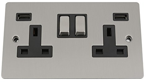 A5 Products USB Socket 2 Gang - Satin Matt Chrome - Flat (brushed steel) Black Metal