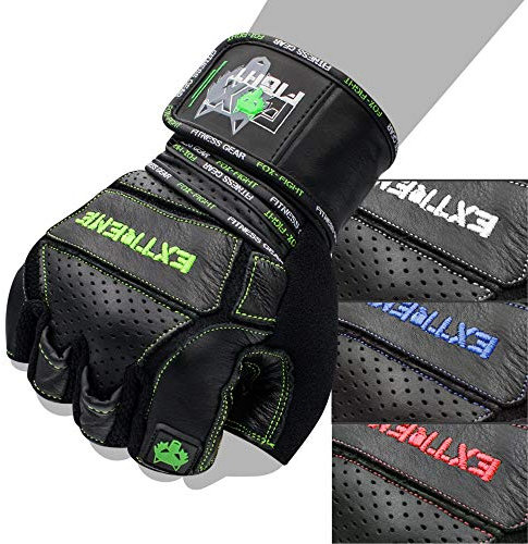 FOX-FIGHT Fitnesshandschuhe Trainingshandschuhe Kraftsport Damen Herren Leder Handschuhe Bodybuilding Sporthandschuhe mit Handgelenkbandage für Krafttraining Gewichtheben Extreme (grün, L)