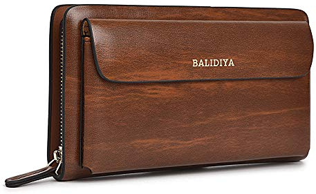 Balidiya Leder-Clutch-Tasche für Herren, lange Geldbörsen, Geldbörse, Handgelenktasche, Business-Reißverschluss-Geldbörsen, Braun-03, Einheitsgröße